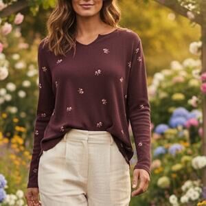 Old Navy Womens Rib Knit Maroon Ditsy Floral Long Sleeve Shirt Cottagecore XL